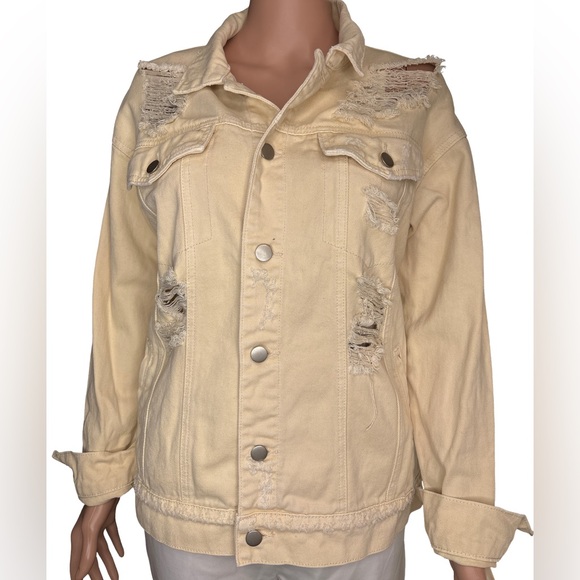 Forever 21 Beige Distressed Denim Jacket Medium - Picture 3 of 6